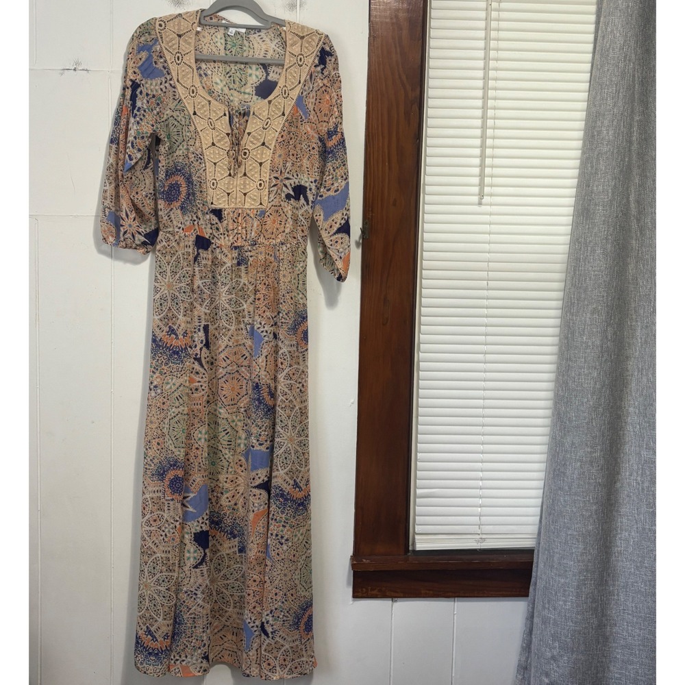 DR2 Women Orange Blue Sheer Geometric Print Crochet Lace Trim Maxi Dress Medium